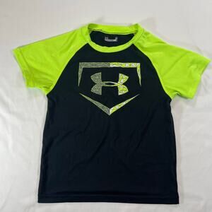Under Armour Boys HeatGear Athletic Shirt Black Neon Green Size 5 Short Sleeve